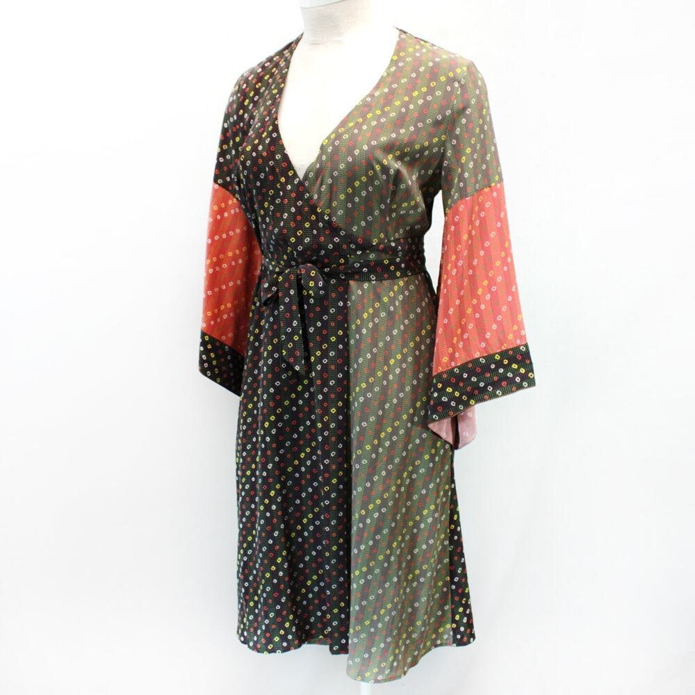La Boheme Colorblock Abstract Print Wrap Midi Dress Tie Waist 100% Silk Large